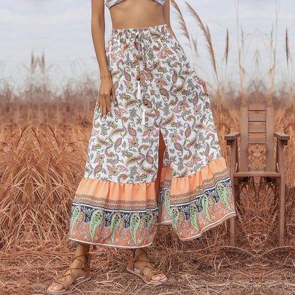 Paisley Print A-Line Maxi Skirt with Tassel Drawstring