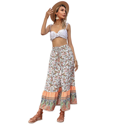 Paisley Print A-Line Maxi Skirt with Tassel Drawstring