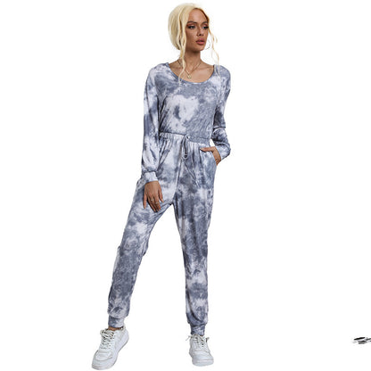 Tie-Dye Off-the-Shoulder Jumpsuit with Drawstring Waist