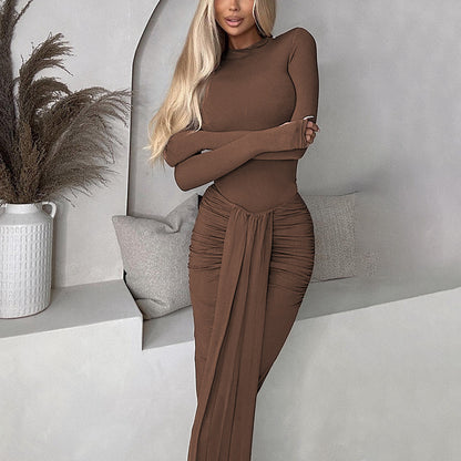 Bodycon Maxi Dress with Mock Neck and Ruched Draped Detail