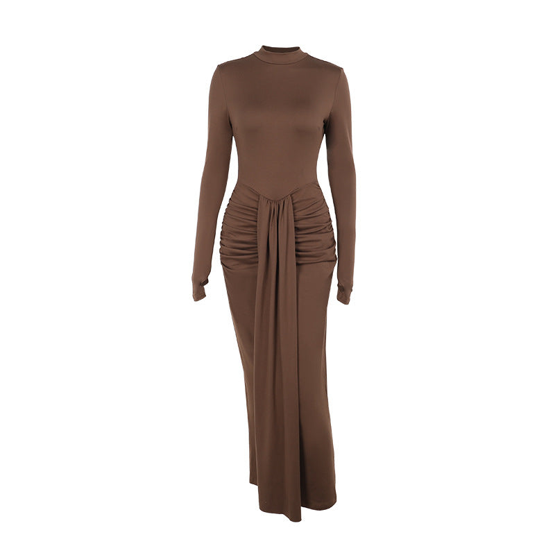 Bodycon Maxi Dress with Mock Neck and Ruched Draped Detail