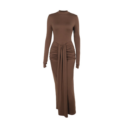 Bodycon Maxi Dress with Mock Neck and Ruched Draped Detail