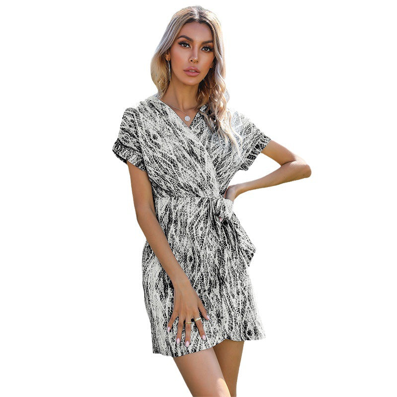 Abstract Print Wrap Mini Dress with V-Neck and Raglan Sleeves