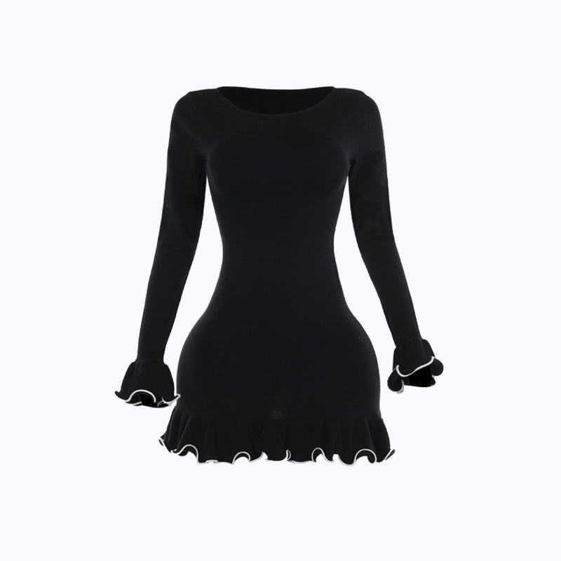 Bodycon Mini Dress with Contrast Lettuce Edge and Flared Cuffs