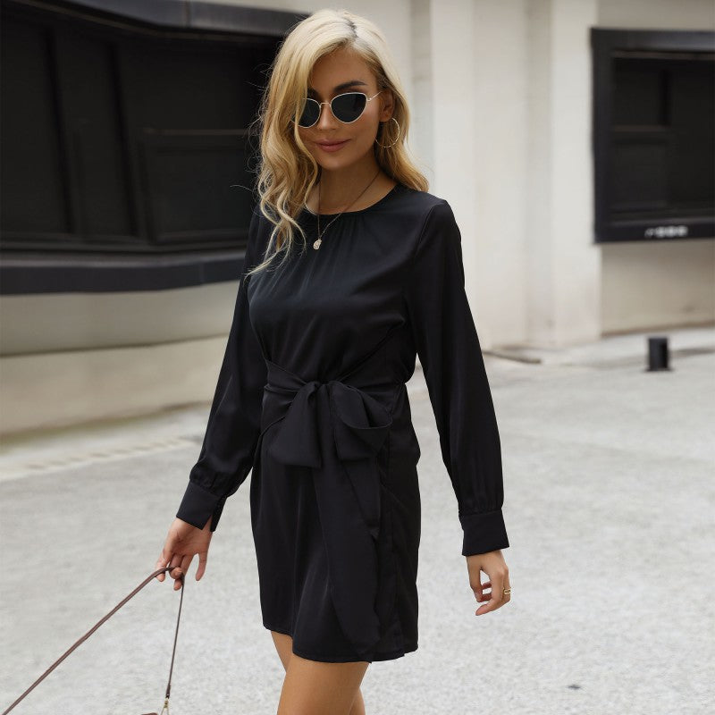 A-Line Long-Sleeve Mini Dress with Crewneck and Tie-Waist
