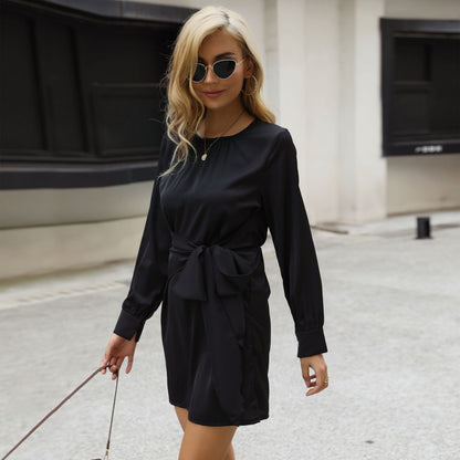 A-Line Long-Sleeve Mini Dress with Crewneck and Tie-Waist
