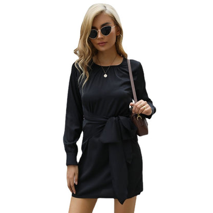 A-Line Long-Sleeve Mini Dress with Crewneck and Tie-Waist