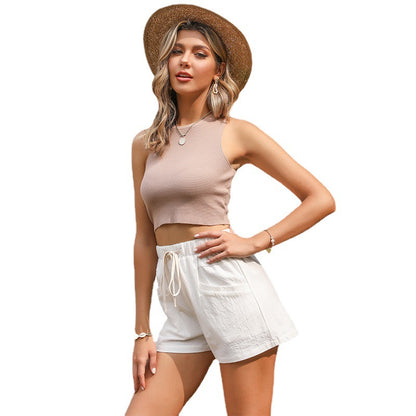 Straight-Leg High-Waist Shorts with Drawstring and Pockets