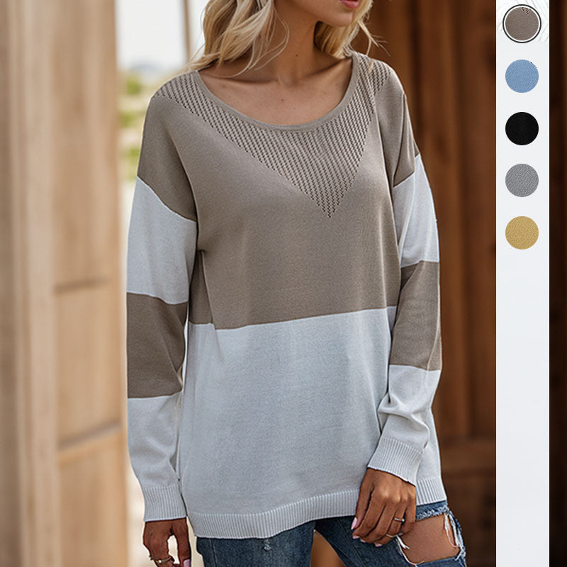 Color-Block Striped Knit Sweater with Pointelle V-Detail