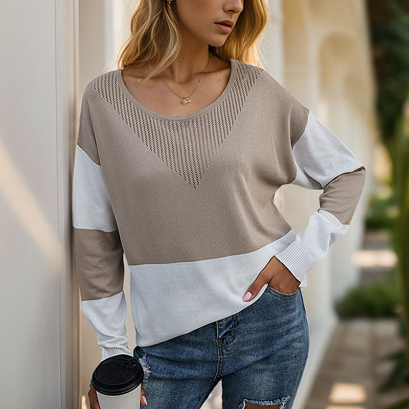 Color-Block Striped Knit Sweater with Pointelle V-Detail