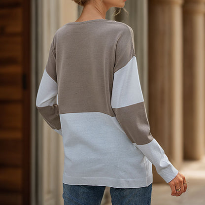 Color-Block Striped Knit Sweater with Pointelle V-Detail