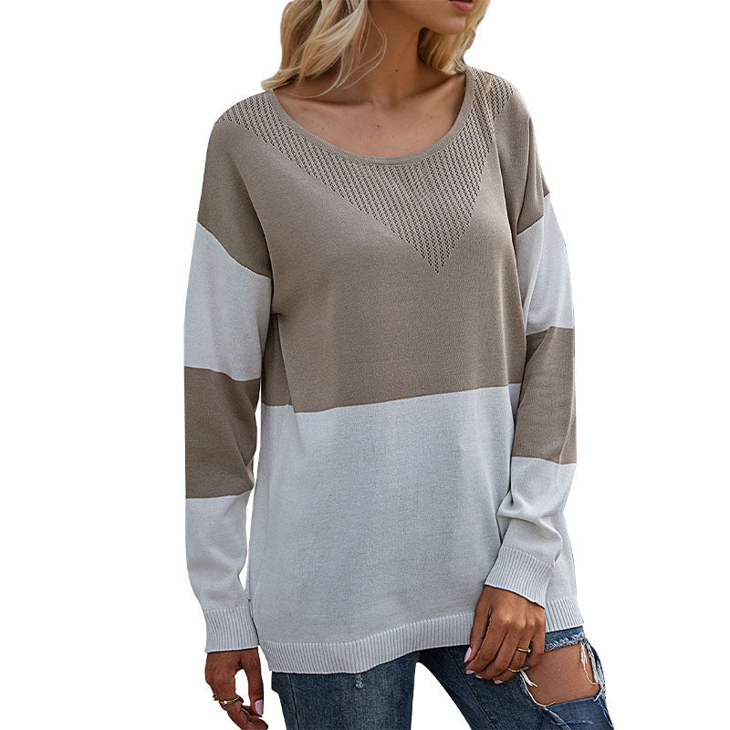 Color-Block Striped Knit Sweater with Pointelle V-Detail