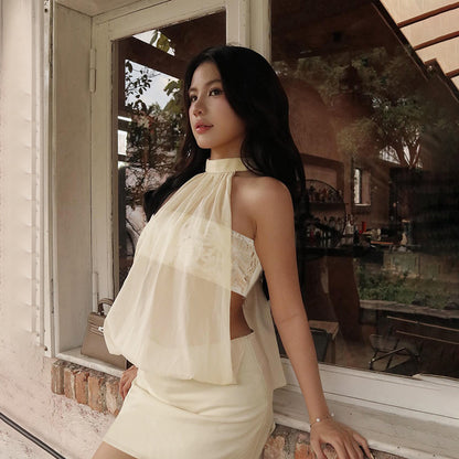 Slim Fit Mini Dress with Sheer Mesh Halter Overlay