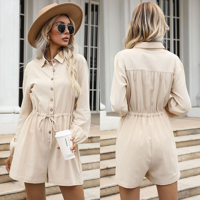 Long-Sleeve Button-Down Romper with Drawstring Waist