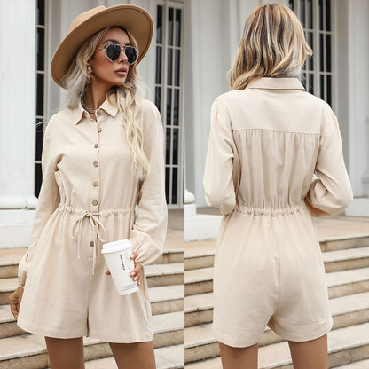Long-Sleeve Button-Down Romper with Drawstring Waist