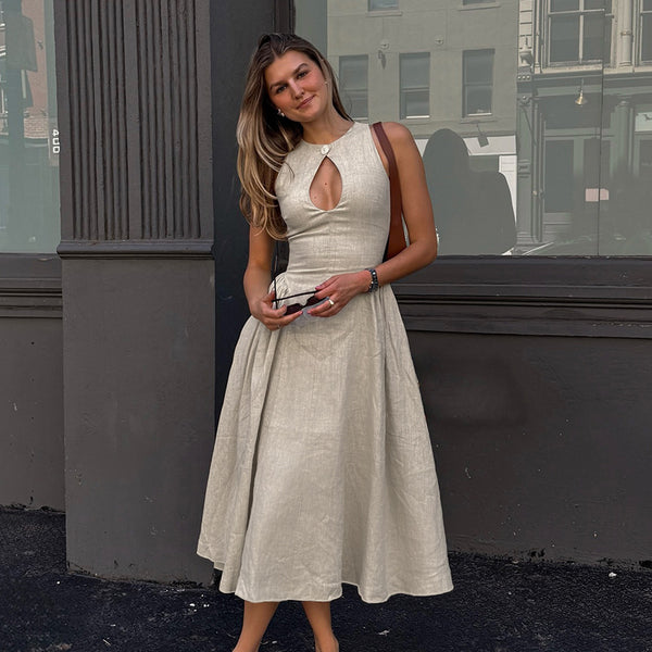 Sleeveless A-Line Midi Dress with Front Keyhole Detail