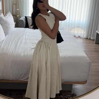 Sleeveless A-Line Midi Dress with Front Keyhole Detail