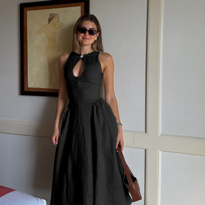 Sleeveless A-Line Midi Dress with Front Keyhole Detail