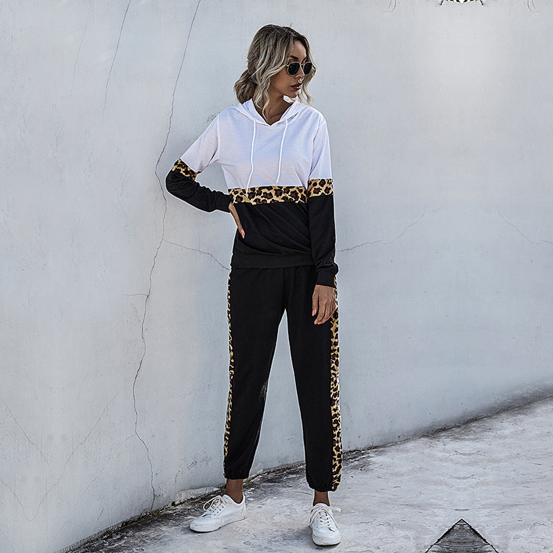 Leopard Print Patchwork Hooded Tracksuit with Jogger Pants