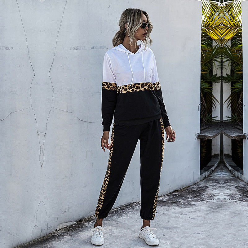 Leopard Print Patchwork Hooded Tracksuit with Jogger Pants