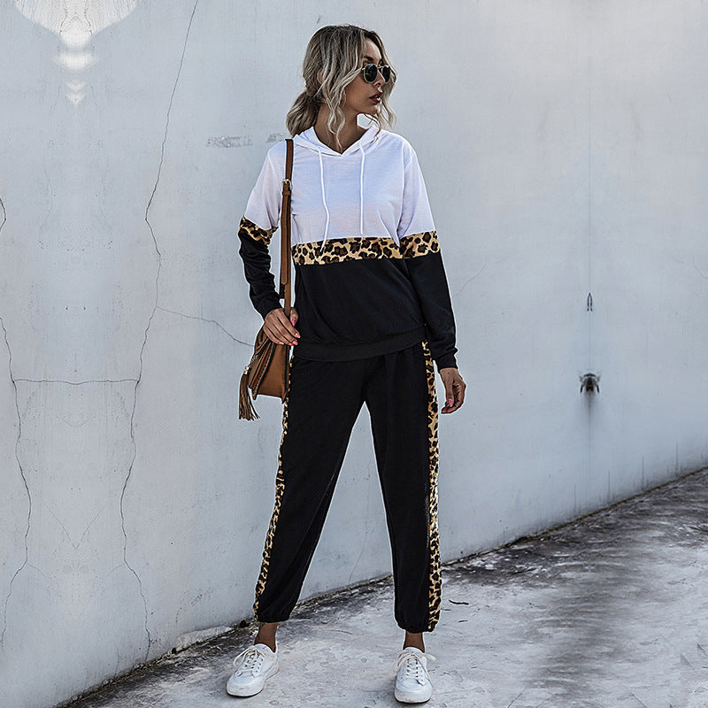 Leopard Print Patchwork Hooded Tracksuit with Jogger Pants