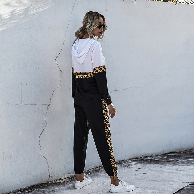 Leopard Print Patchwork Hooded Tracksuit with Jogger Pants