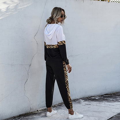 Leopard Print Patchwork Hooded Tracksuit with Jogger Pants