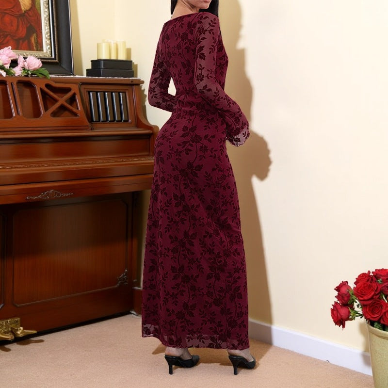 High Neck Long Sleeve Backless Slim Fit Flocking Dress Floral Print