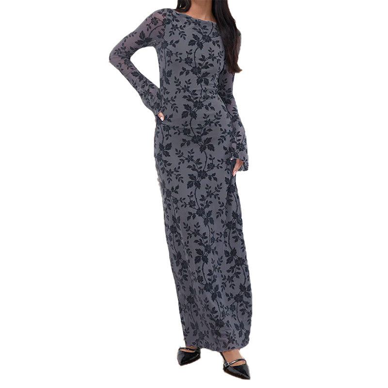 High Neck Long Sleeve Backless Slim Fit Flocking Dress Floral Print