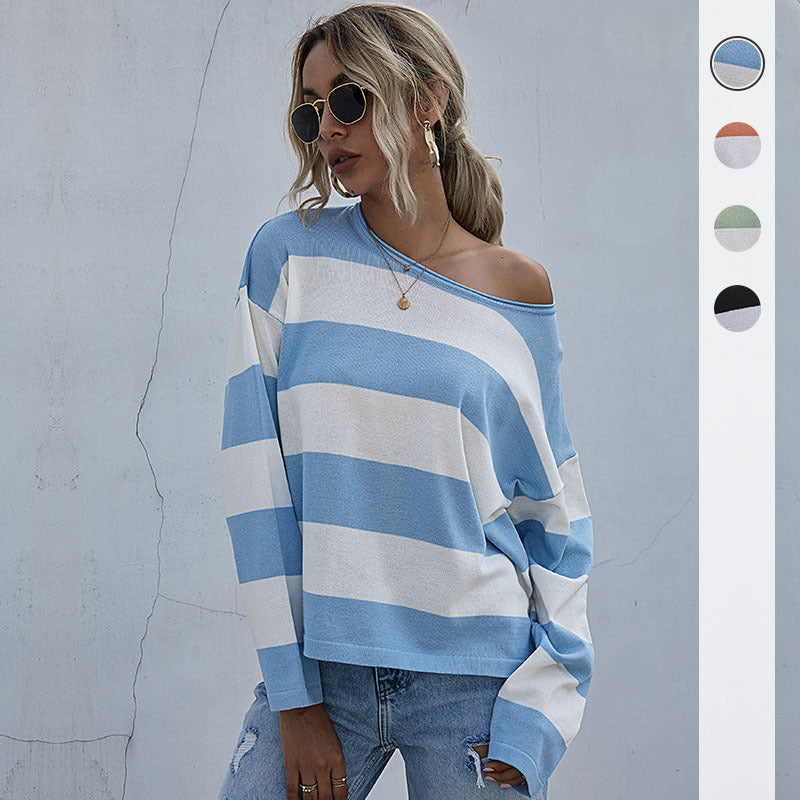 Loose Striped Knit Pullover with Crewneck and Long Sleeves