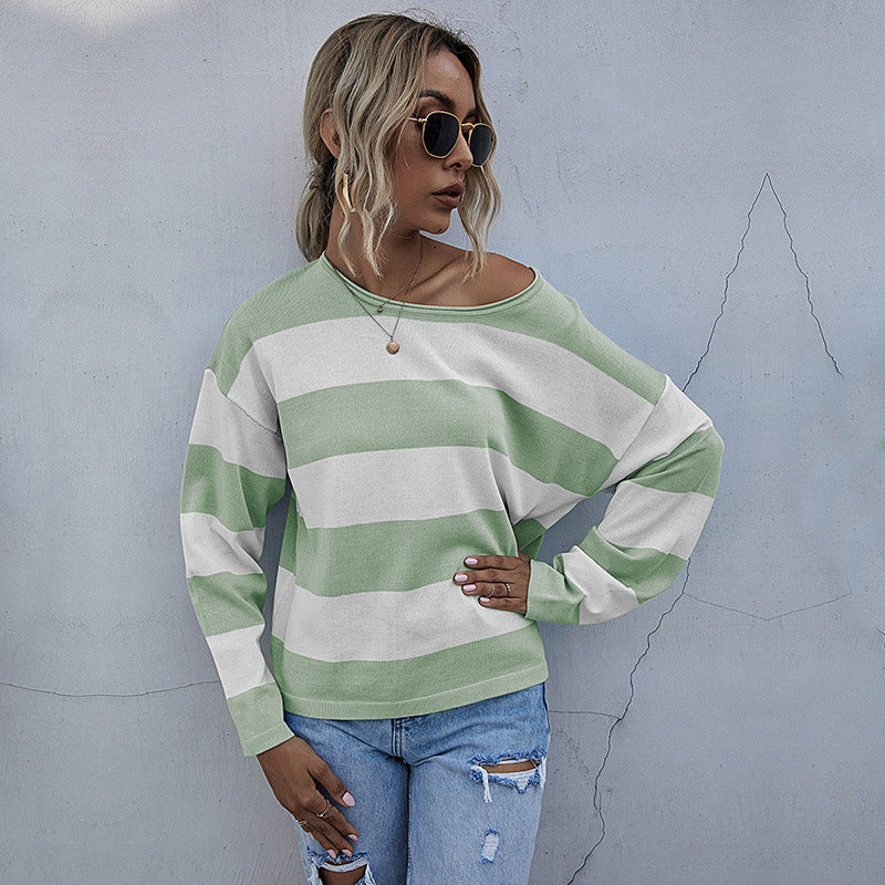 Loose Striped Knit Pullover with Crewneck and Long Sleeves