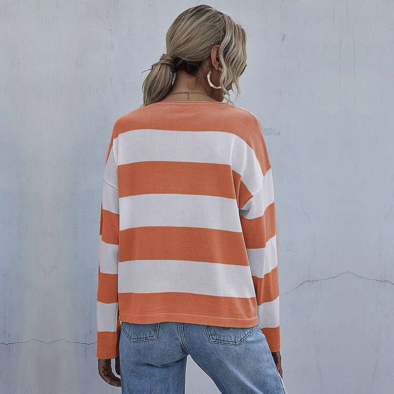 Loose Striped Knit Pullover with Crewneck and Long Sleeves