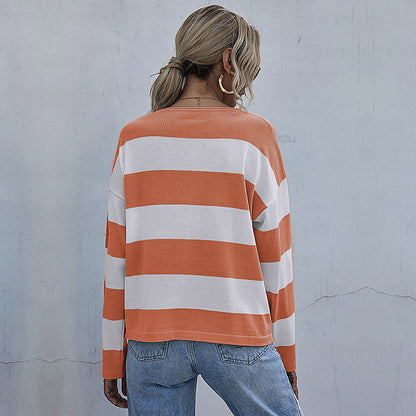 Loose Striped Knit Pullover with Crewneck and Long Sleeves