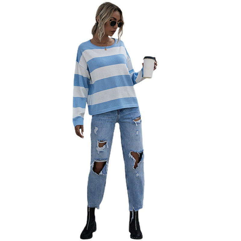 Loose Striped Knit Pullover with Crewneck and Long Sleeves