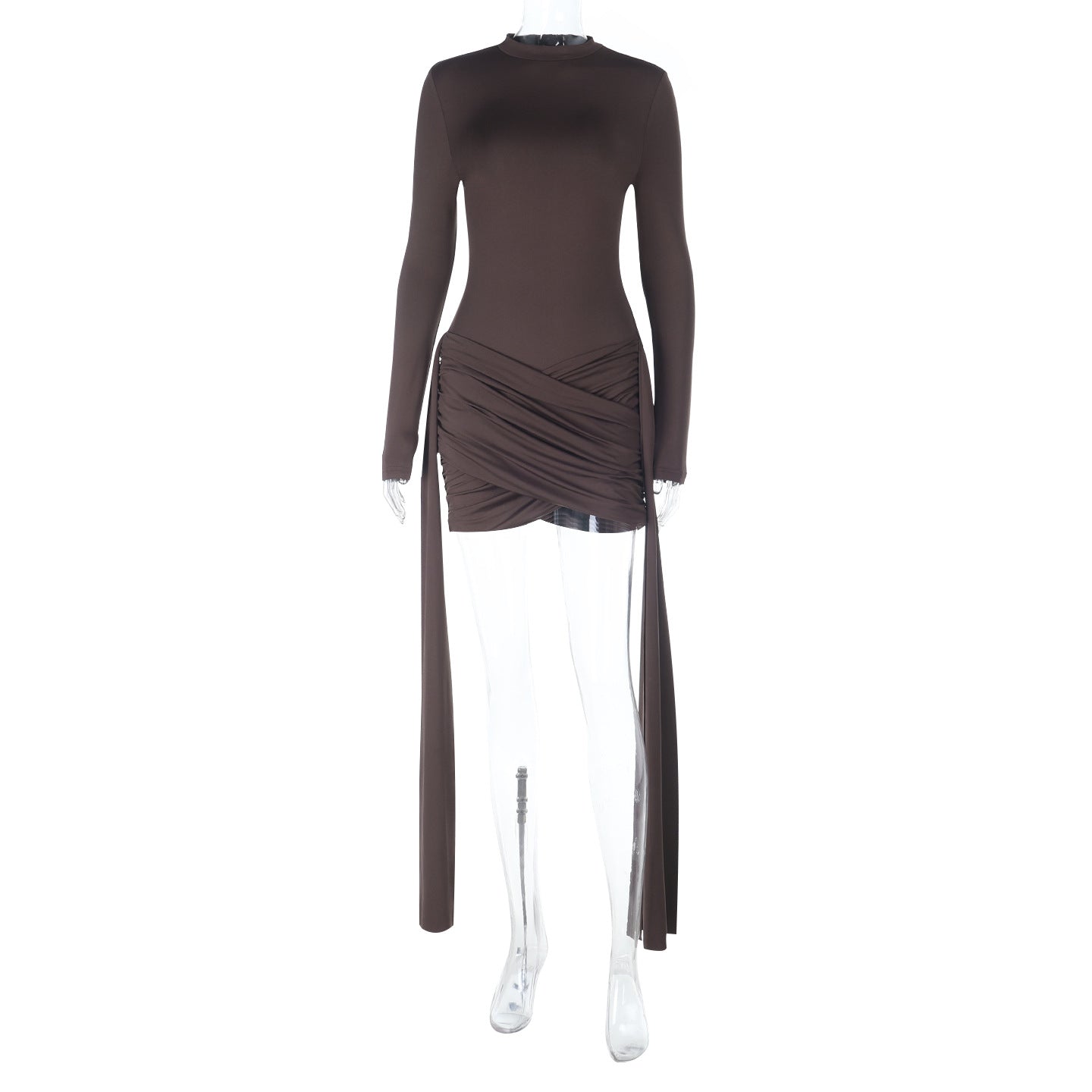High-Neck Slim Fit A-Line Mini Dress With Streamers Solid Color