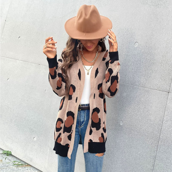 Leopard Print Mid-Length Cardigan with V-Neck and Ribbed Trim