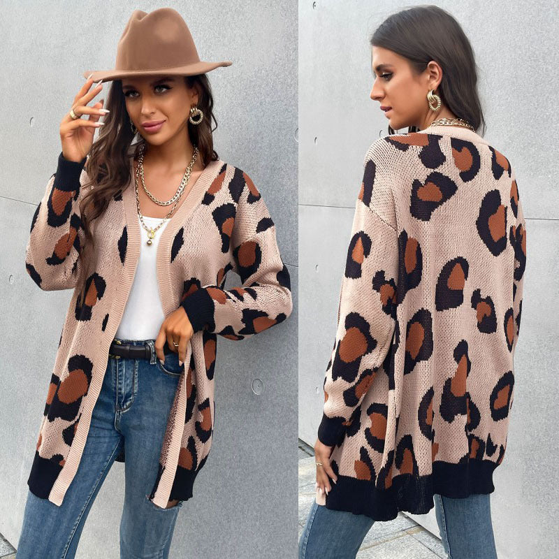 Leopard Print Mid-Length Cardigan with V-Neck and Ribbed Trim