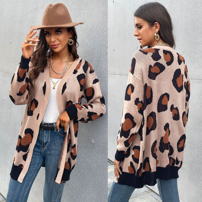 Leopard Print Mid-Length Cardigan with V-Neck and Ribbed Trim