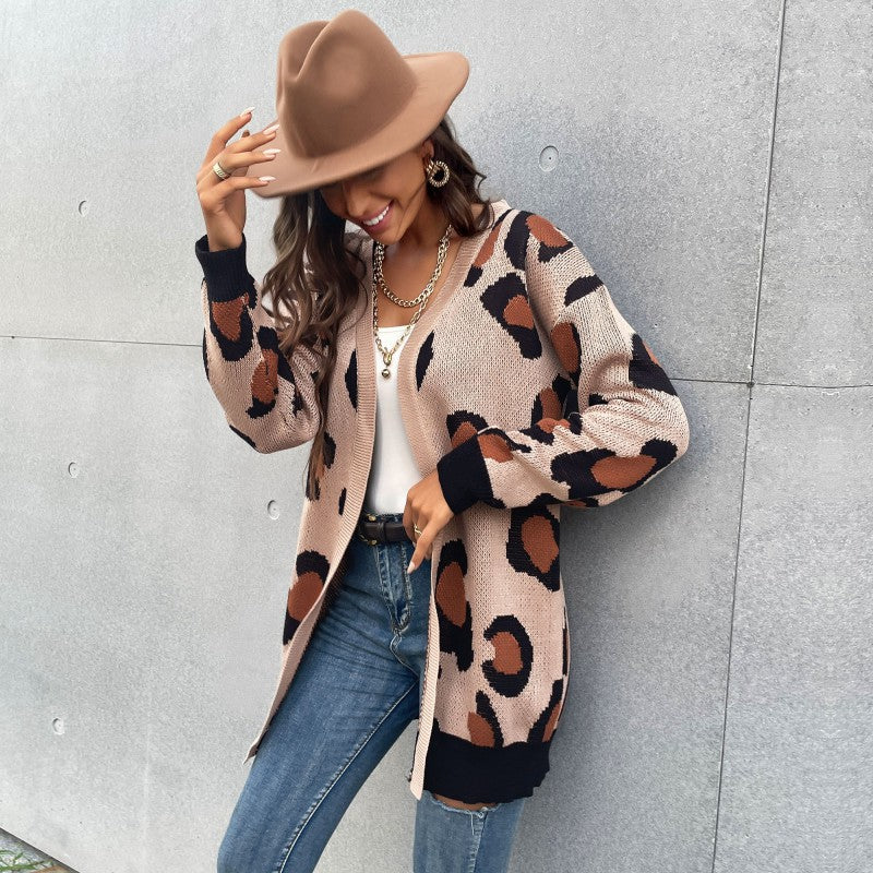 Leopard Print Mid-Length Cardigan with V-Neck and Ribbed Trim