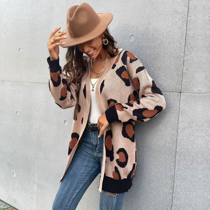 Leopard Print Mid-Length Cardigan with V-Neck and Ribbed Trim