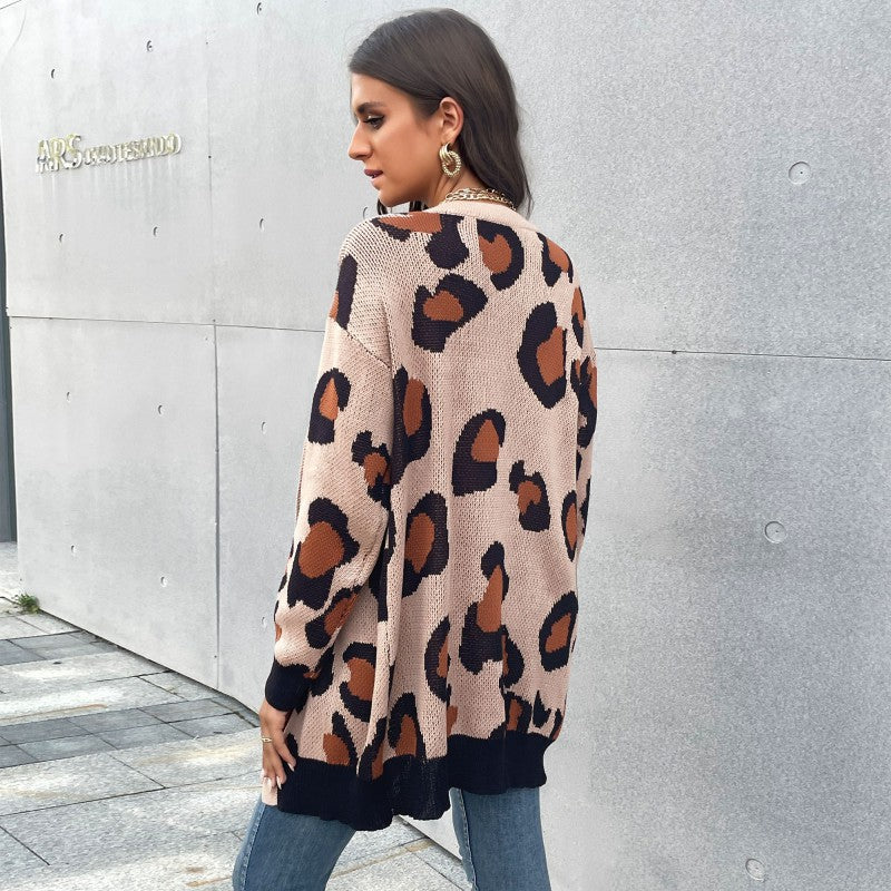 Leopard Print Mid-Length Cardigan with V-Neck and Ribbed Trim