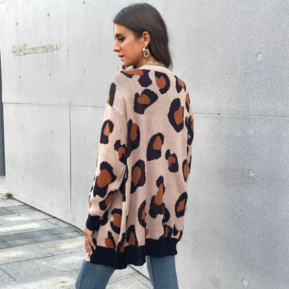 Leopard Print Mid-Length Cardigan with V-Neck and Ribbed Trim