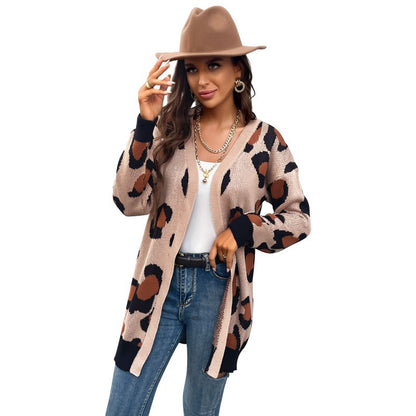 Leopard Print Mid-Length Cardigan with V-Neck and Ribbed Trim