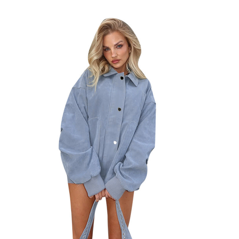 Thick Loose Fit Polo Collar Jacket Solid Color