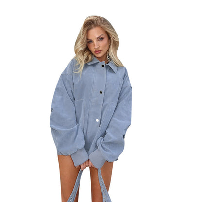 Thick Loose Fit Polo Collar Jacket Solid Color