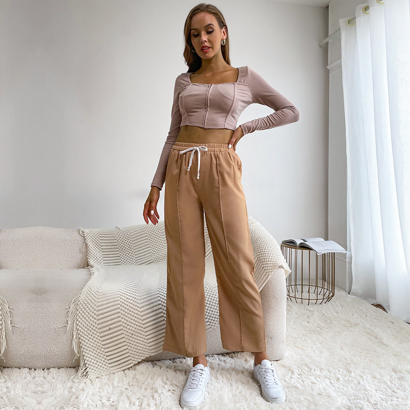 Wide-Leg Cropped Pants with Drawstring and Center Seam