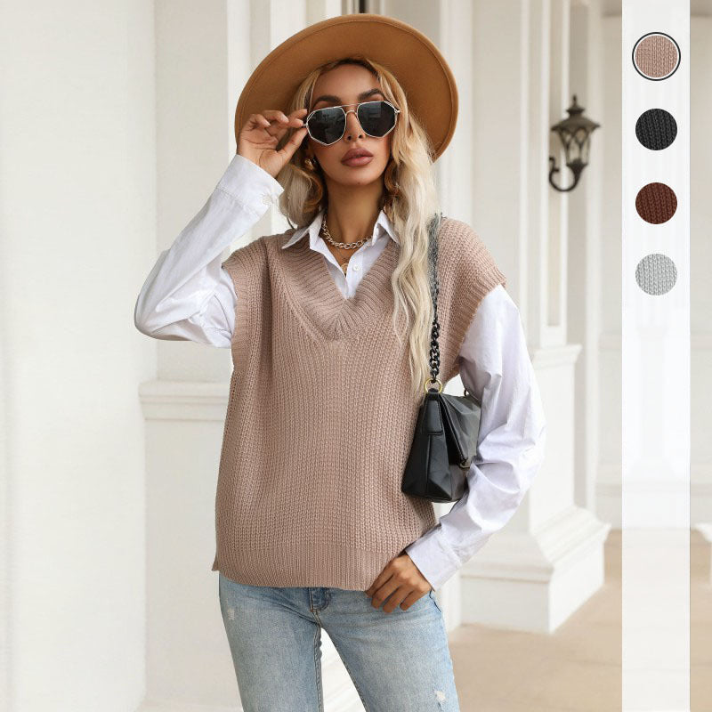 Loose V-Neck Knitted Sweater Vest with Ribbed Trim