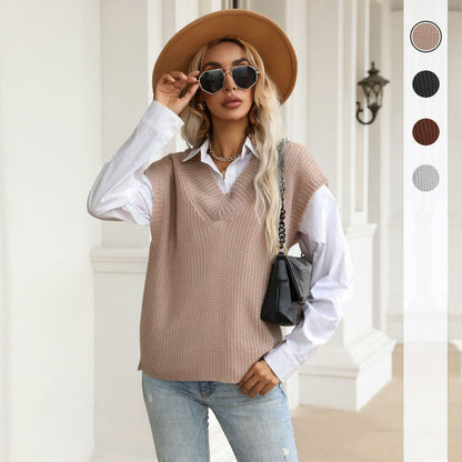 Loose V-Neck Knitted Sweater Vest with Ribbed Trim