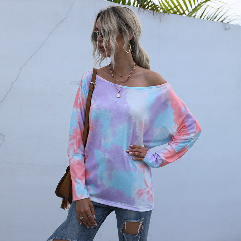 Tie-Dye Bat Sleeve Top with Off-Shoulder Neckline