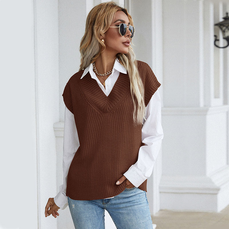 Loose V-Neck Knitted Sweater Vest with Ribbed Trim